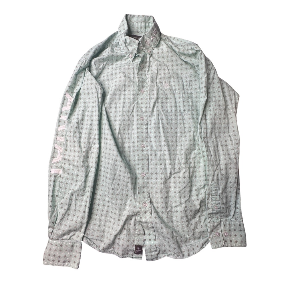 Ariat Shirt Boys XL 18 Green Team Pierson LS Button Down Western Geometric Print